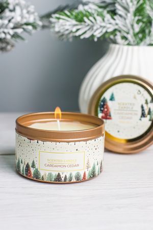 Ароматическая свеча в банке НОВОГОДНИЙ ВАЙБ: КЕДР И КАРДАМОН, 5 см, Koopman International