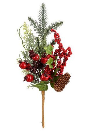 Декоративная ветка ЯГОДНЫЙ ВПЛЕСК, литая хвоя, натуральные шишки, искусственные ягоды, 35 см, Edelman