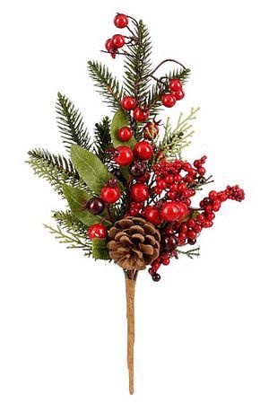Декоративная ветка АЛЫЕ НОТКИ,  с шишками и ягодами, хвоя - литая 100%, 35 см, Edelman