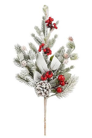 Декоративная заснеженная ветка КОРОНЕТ, хвоя - литая 100%, натуральные шишки, искусственные листья и ягоды, 35 см, Edelman
