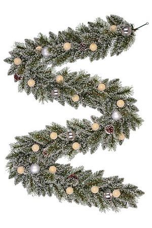 Гирлянда хвойная ФЛОРИНДА ГОЛДЕН-СИЛЬВЕР зелёная заснеженная, хвоя - леска+PVC, 20 тёплых белых LED-огней, 270х25 см, таймер, батарейки, Edelman