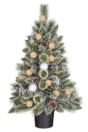 Настольная ель ФЛОРИНДА ГОЛДЕН-СИЛЬВЕР зелёная заснеженная, хвоя - леска+PVC, шишки, шары, 20 тёплых белых LED-огней, 90 см, Edelman