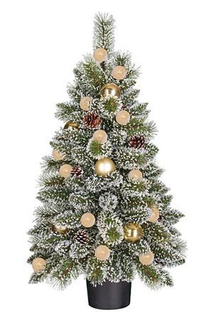 Настольная ель ФЛОРИНДА ГОЛДЕН зелёная заснеженная, хвоя - леска+PVC, шишки, шары, 20 тёплых белых LED-огней, 90 см, Edelman