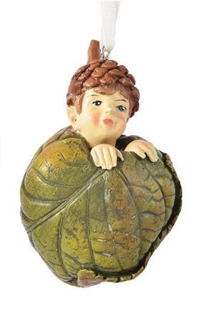 Ёлочная игрушка МАЛЬЧУГАН В ЛИСТИКЕ - ШАРИК, полистоун, 10 см, Kaemingk