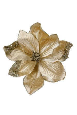 Искусственный цветок МАГНОЛИЯ 'ЗИМНИЕ ЧАРЫ' на клипсе, текстиль, шампань, 23 см, Christmas Deluxe