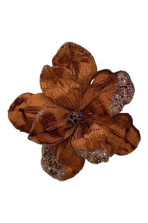 Искусственный цветок МАГНОЛИЯ 'ЗИМНИЕ ЧАРЫ' на клипсе, текстиль, махагон, 23 см, Christmas Deluxe