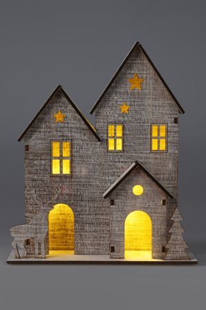 Декоративный светильник ДОМИК СО ЗВЁЗДАМИ, дерево, 3 тёплых белых LED-огня, 18х15 см, батарейки, Koopman International