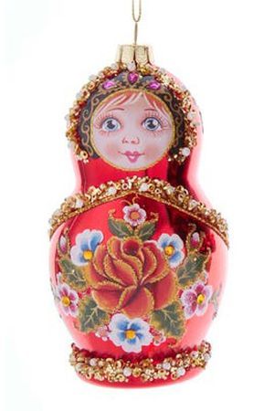 Ёлочная игрушка МАТРЁШКА - ЦВЕТОЧНЫЙ УЗОР, стекло, красная, 12 см, Kurts Adler