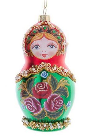 Ёлочная игрушка МАТРЁШКА - ЦВЕТОЧНЫЙ УЗОР, стекло, зелёная, 12 см, Kurts Adler