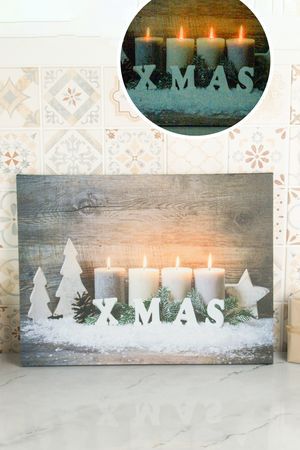 Светящаяся картина РОЖДЕСТВО ПРИ СВЕЧАХ, 4 тёплых белых LED-огня, 40х30 см, батарейки, 