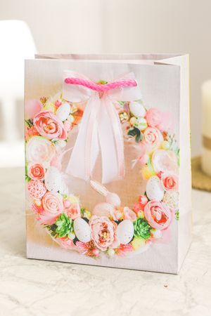 Подарочный пакет ПАСХАЛЬНЫЙ ВЕНОК - ВОЗДУШНЫЙ РОЗОВЫЙ, бумага, 18х14 см, Due Esse Christmas