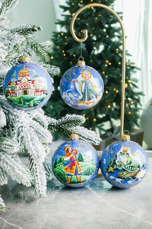 Набор стеклянных шаров ЦАРЕВНА-ЛЯГУШКА, расписной, голубой, 85 мм, 4 шт., Елочка