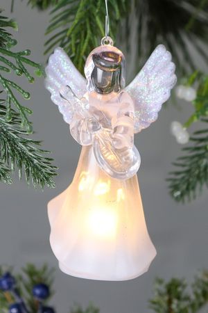 Светящаяся ёлочная игрушка АНГЕЛ С ЛЮТНЕЙ, пластик, тёплый белый LED-огонь, 11.5 см, батарейки, перламутровый, Купман Интернешнл (Koopman International)