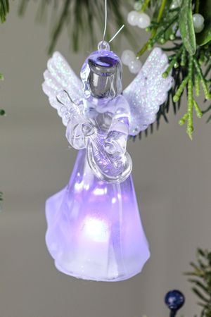 Светящаяся ёлочная игрушка АНГЕЛ С  ЛЮТНЕЙ, пластик, RGB LED-огонь, 11.5 см, батарейки, перламутровый, Купман Интернешнл (Koopman International)