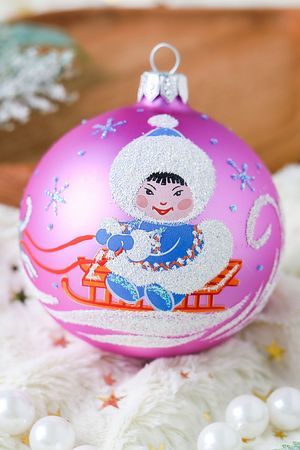 Ёлочный шар с ручной росписью АЙЯНА, стекло, розовый, 85 мм, Елочка
