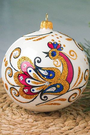 Ёлочный шар с ручной росписью ЖАР ПТИЦА, синяя, стекло, 95 мм, Елочка