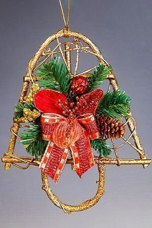 Новогоднее украшение КОЛОКОЛЬЧИК из ротанга с красной магнолией , 20 см, Holiday Classics